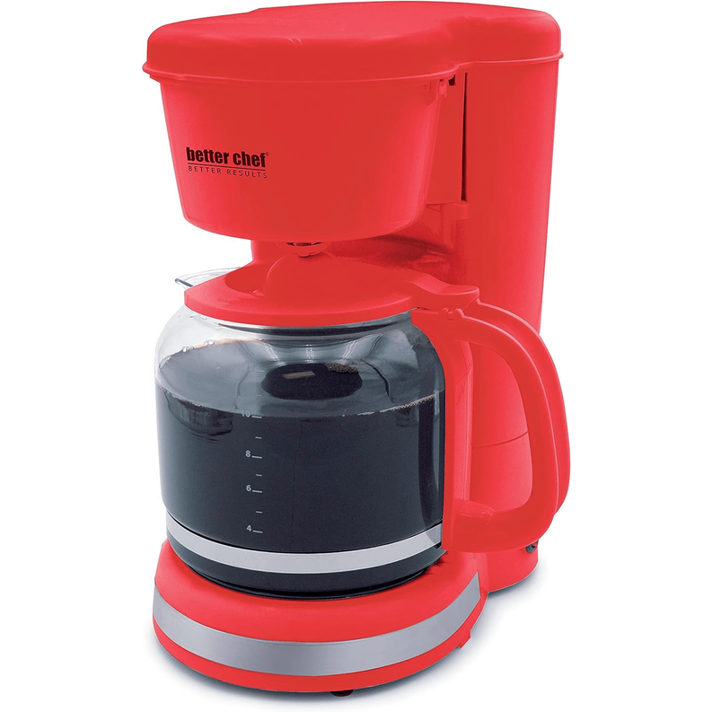 Red coffee maker with open water tank and black carafe inside