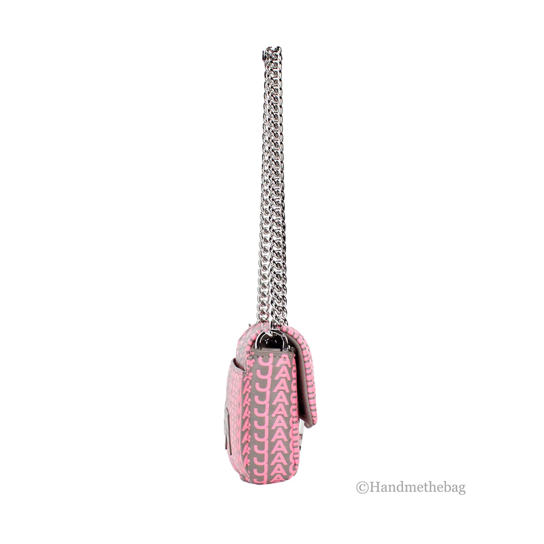 Pink mini leather shoulder bag with J monogram, silver chain strap and flap