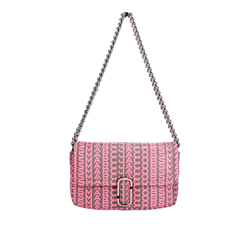 Pink monogram mini shoulder bag with center buckle flap and silver chain strap.