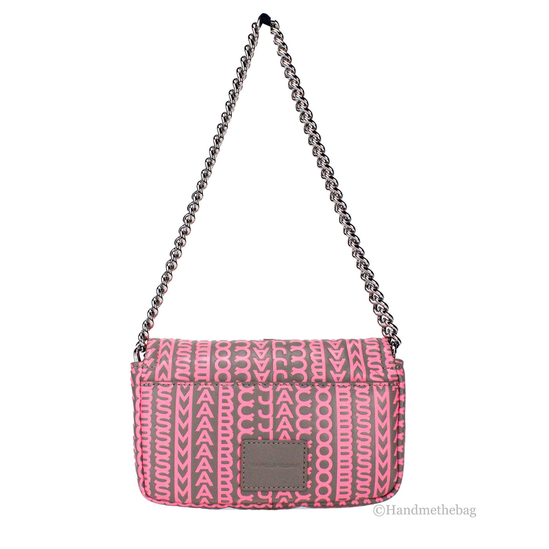 Pink J Marc mini shoulder bag with monogram pattern, silver chain strap, flap closure.