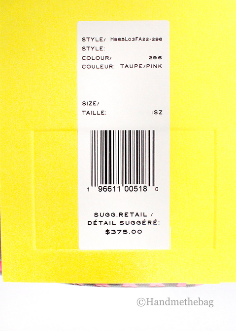 Retail tag with barcode; color listed as Taupe Pink and price $375.00.