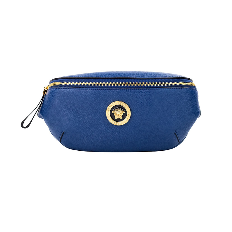 Blue leather waist bag with gold Medusa emblem and top zip closure