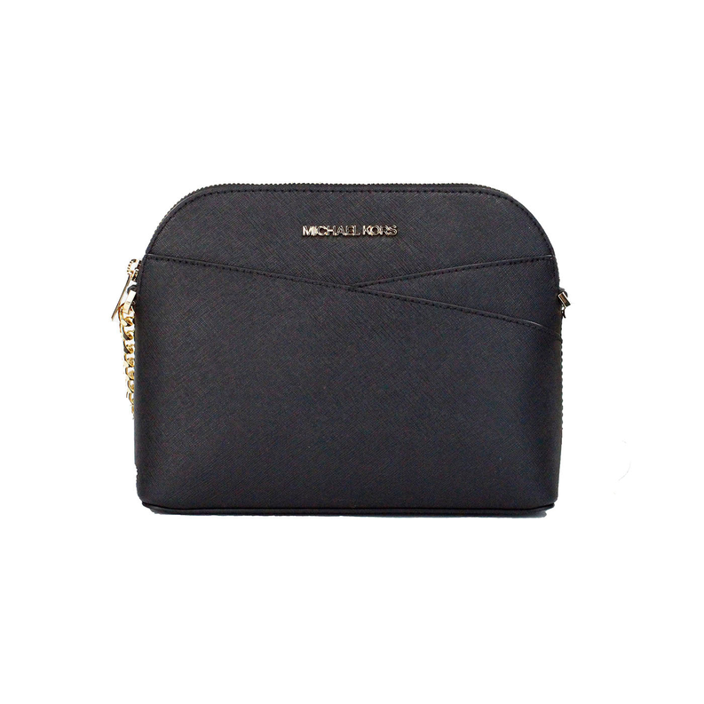 Black Michael Kors Jet Set medium dome crossbody bag with gold zipper and logo front
