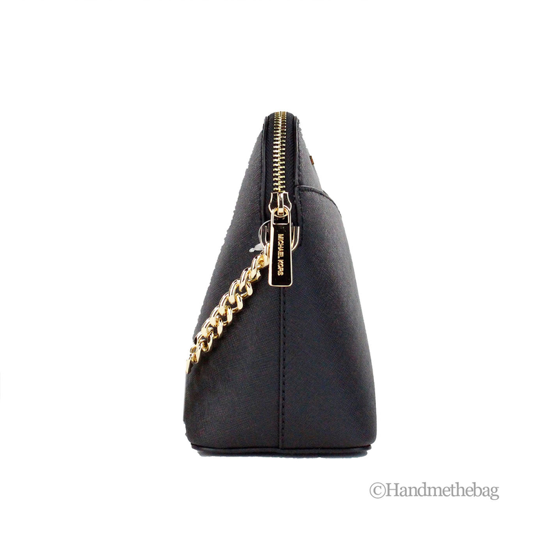Black dome crossbody bag side view with gold-tone chain and zipper pull