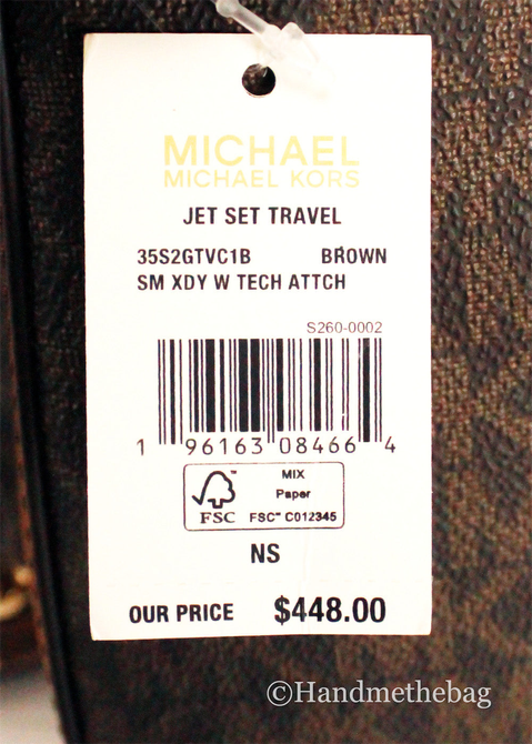 Michael Kors brown crossbody bag hangtag with barcode and price label