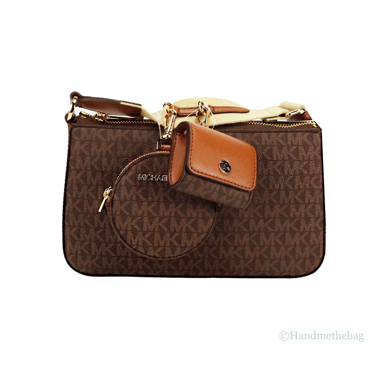 Brown MK monogram crossbody bag with front flap pocket, top zipper, gold hardware
