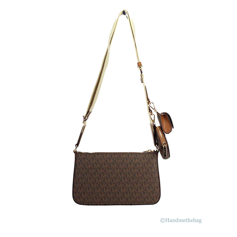 Brown MK monogram crossbody bag with adjustable strap and gold hardware