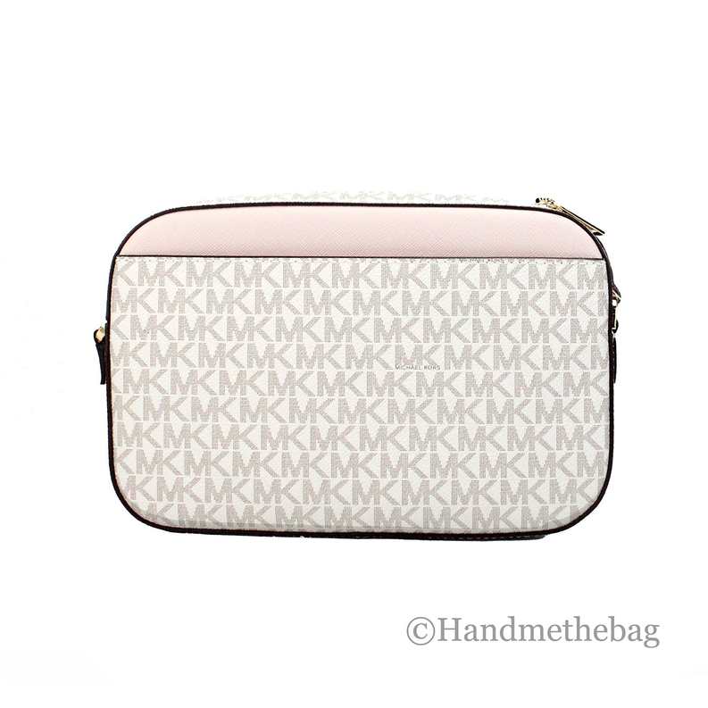 Michael Kors Jet Set crossbody bag with MK monogram canvas and pink trim, zip top