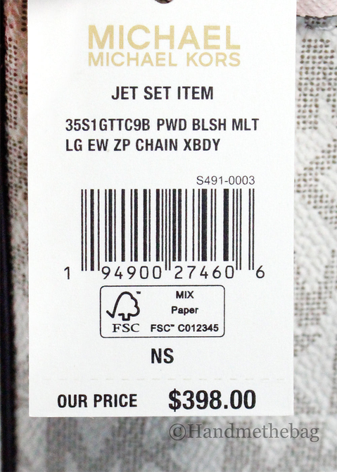Product label with barcode and $398.00 price for Michael Kors Jet Set item
