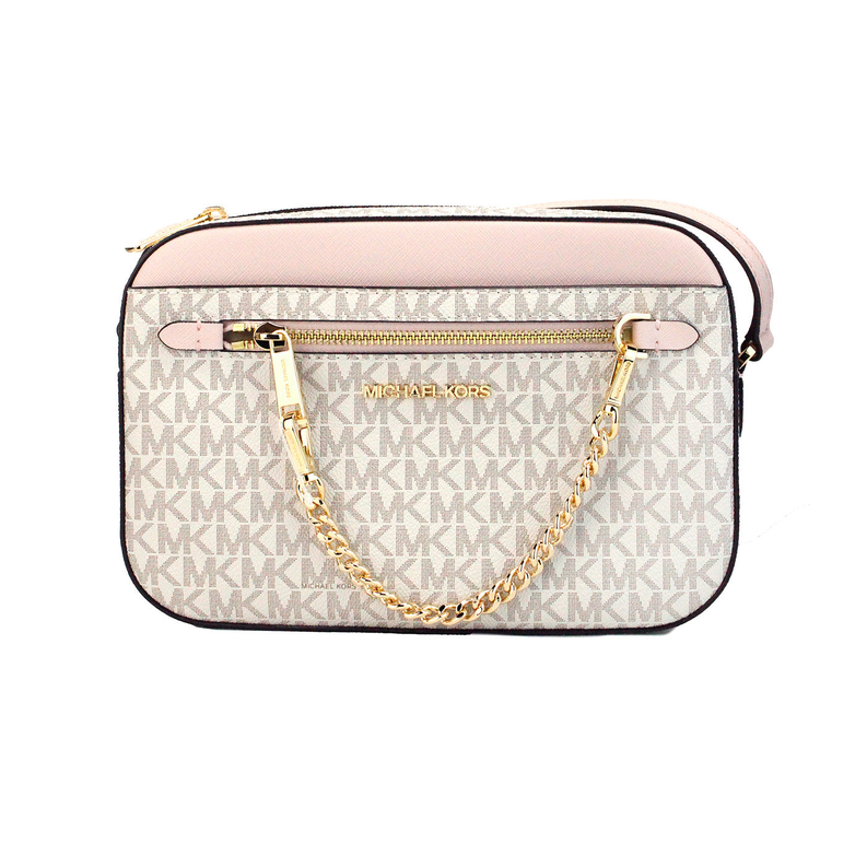 Michael Kors Jet Set EW crossbody bag front view with MK monogram and chain strap