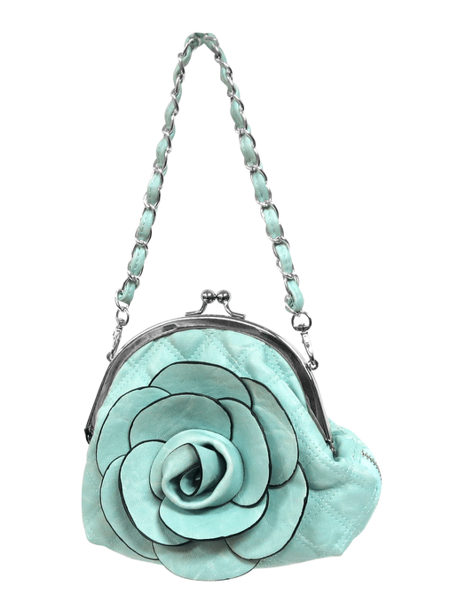 Light blue rose clutch bag with chain strap and quilted frame with rosette