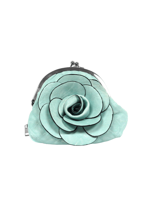 Light blue rose clutch bag with kiss-lock frame and large fabric flower