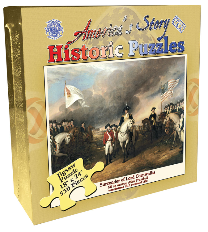 Historic jigsaw puzzle box with 550-piece artwork of Cornwallis surrender scene