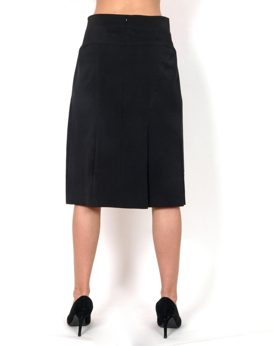 Straight-cut dark black skirt with stitched front panel and pleated detail