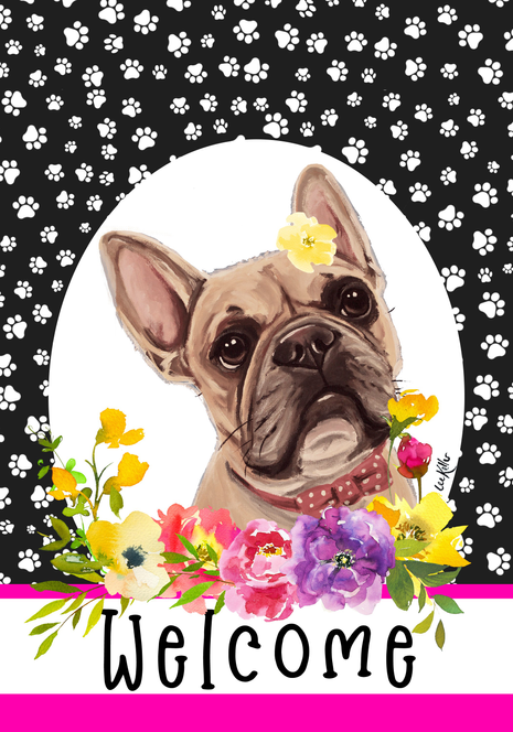 Welcome garden flag with cream French bulldog face, colorful flowers and paw prints