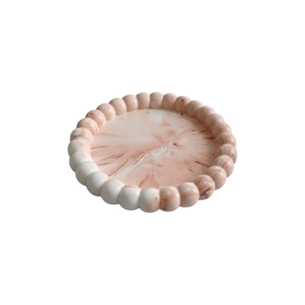6" Pink And White Resin Marbleized Handmade Round Trinket Tray - Kitchen & Dining