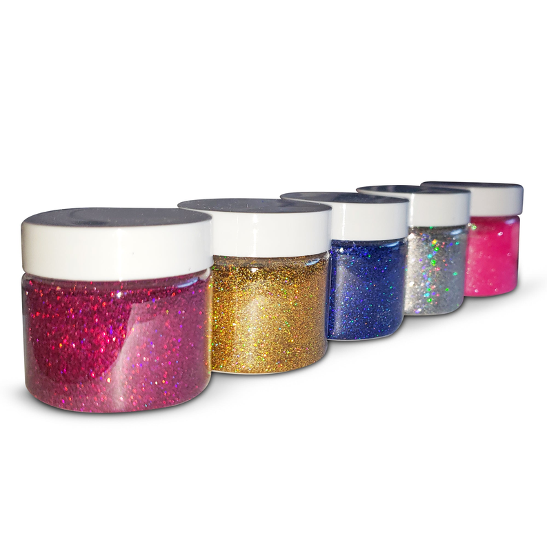 Multiple holographic glitter powder jars in mixed colors, lined up side by side.