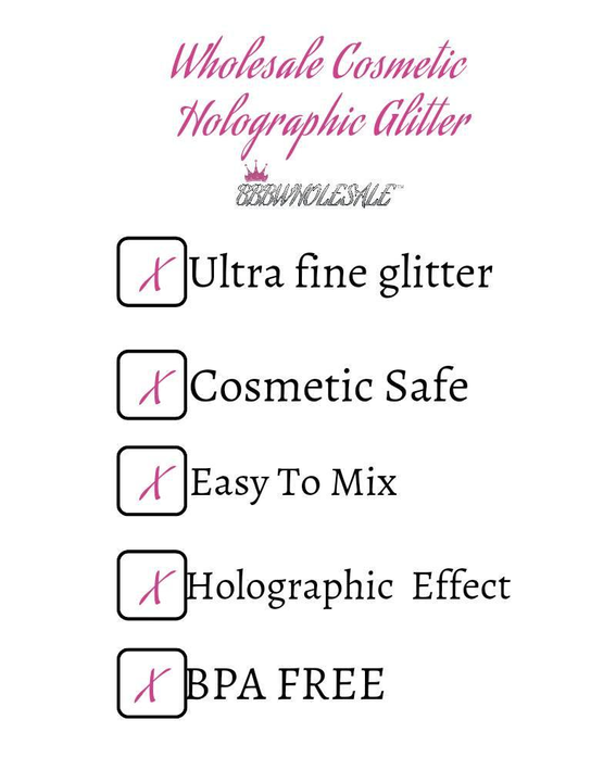 Holographic glitter powder features: ultra-fine, cosmetic safe, easy to mix, BPA-free.