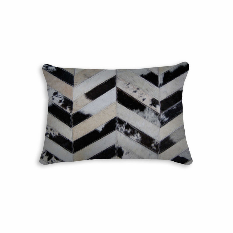 12" X 20" Black Brown and Off White Chevron Cowhide Throw Pillow - Home Decor