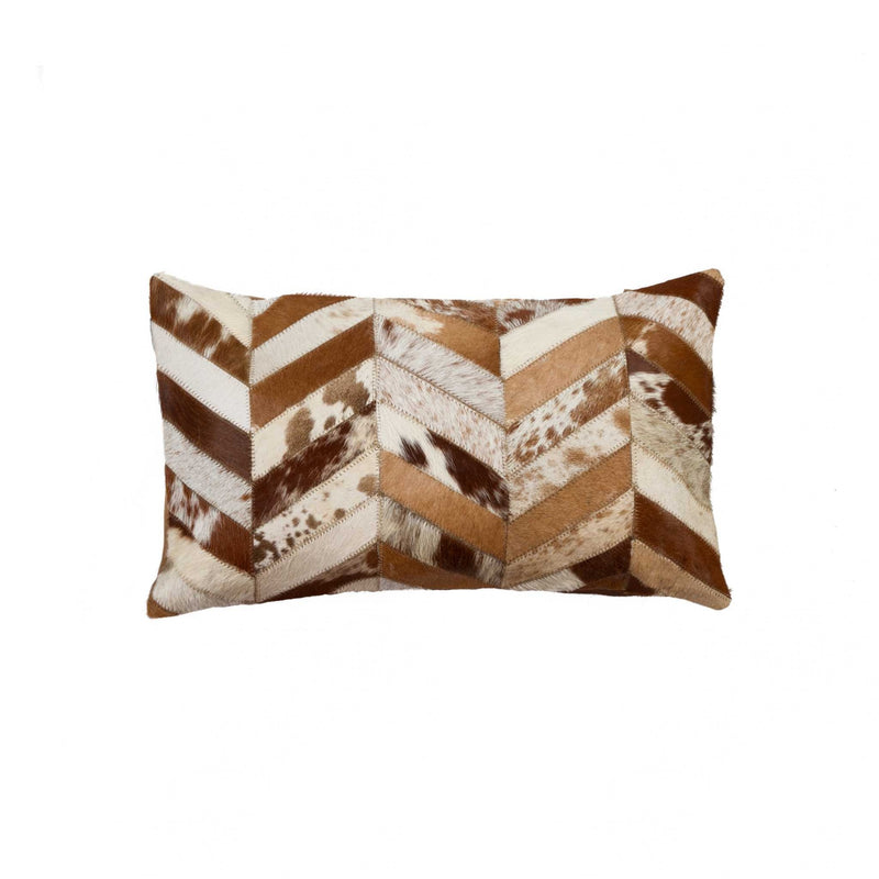 12" X 20" Brown and Off White Chevron Cowhide Throw Pillow - Home Decor