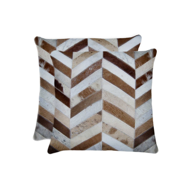 Set of Two Natural and Brown Chevron Cowhide Throw Pillows - Home Decor