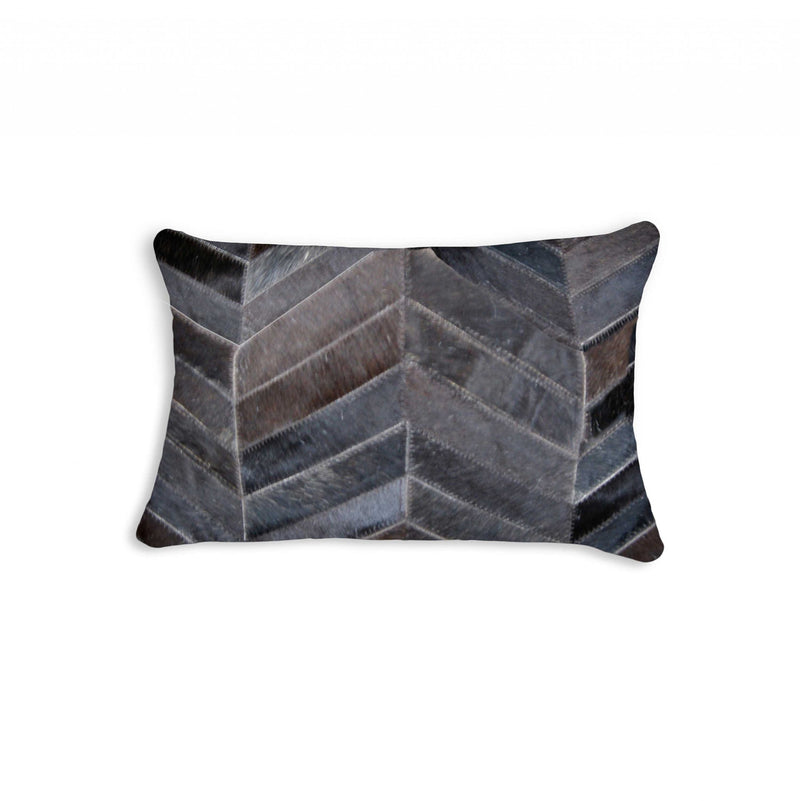12" X 20" Gray and Brown Chevron Cowhide Throw Pillow - Home Decor