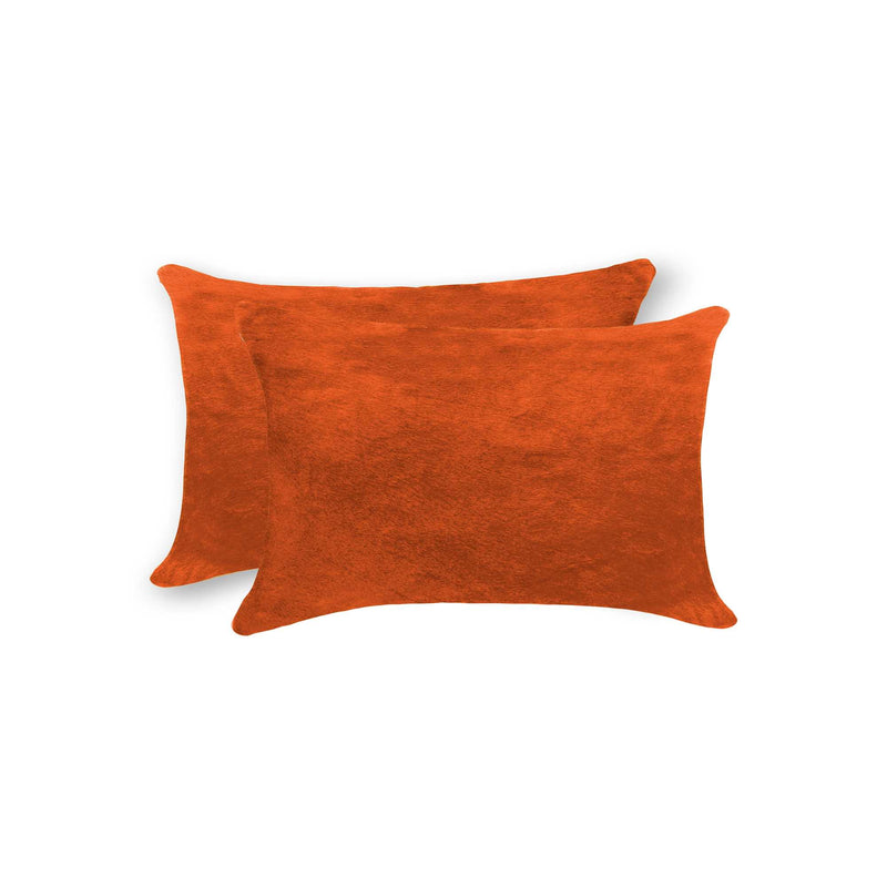 Set of Two 12" X 20" Orange Genuine Cowhide Lumbar Throw Pillows - Home Decor
