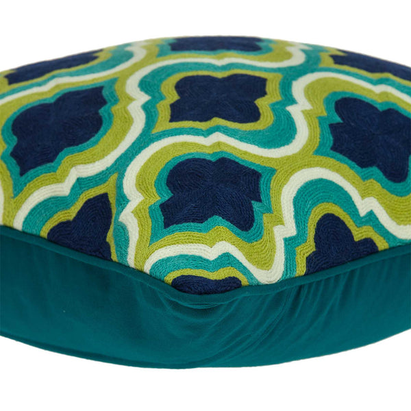 20" Navy Blue Yellow And Teal Quatrefoil Cotton Throw Pillow - Home Decor