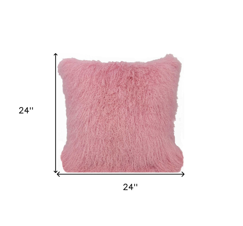 24" Pink Genuine Tibetan Lamb Fur Pillow With Microsuede Backing - Home Decor