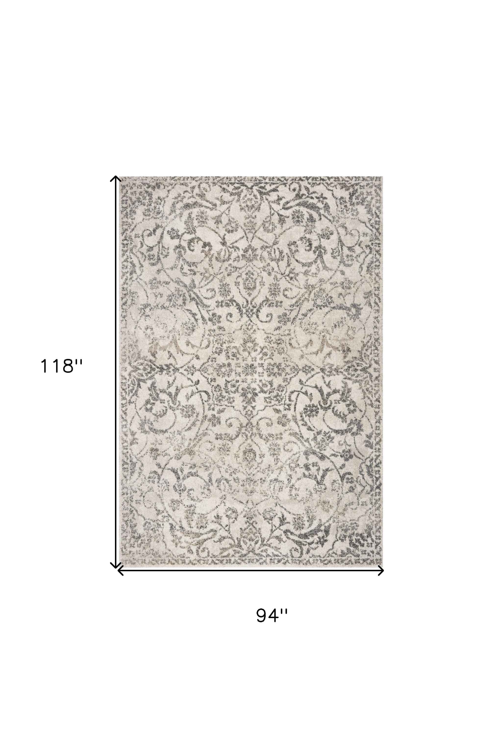8' x 10' Ivory and Gray Floral Vines Distressed Area Rug