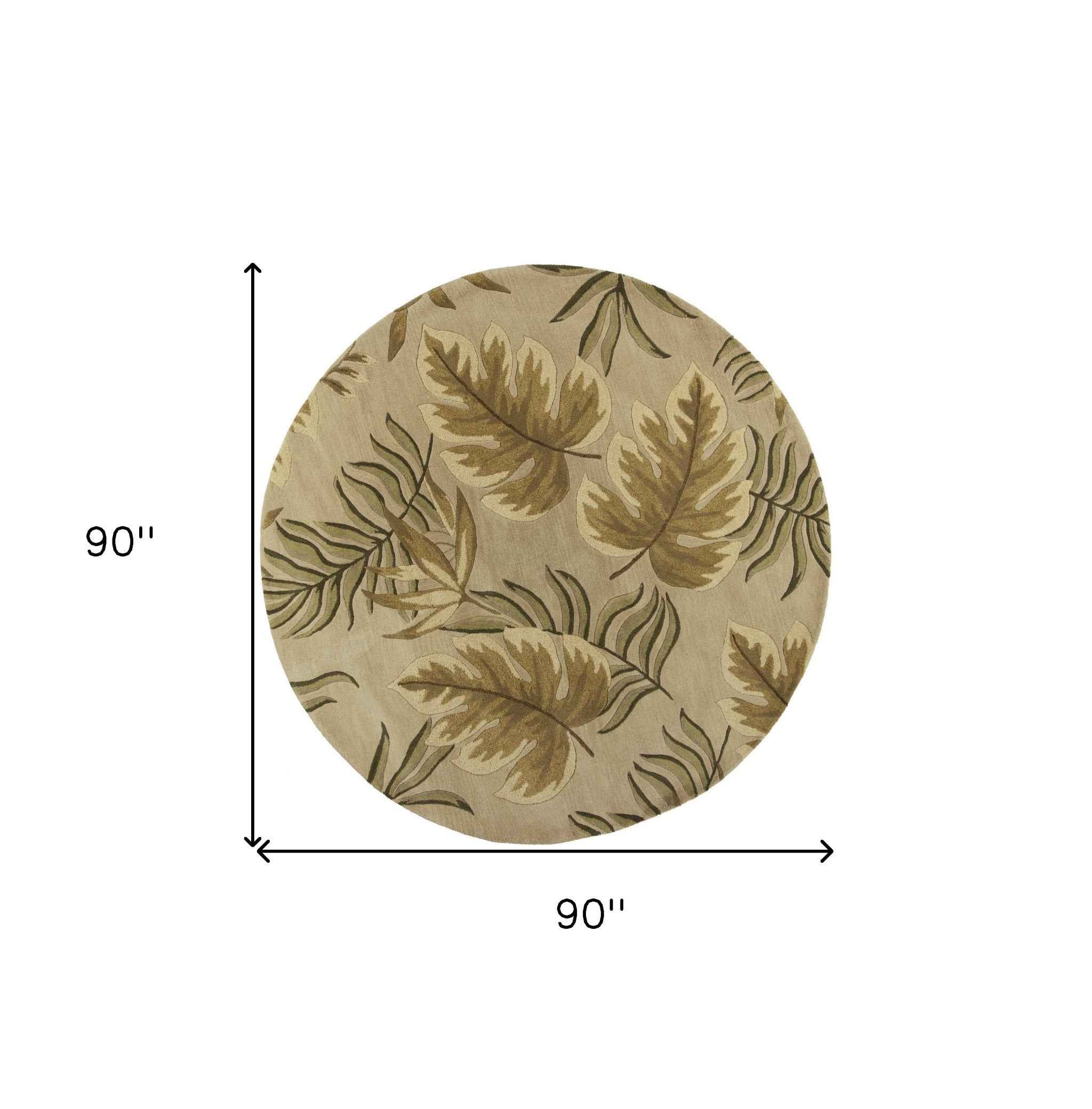 8' Sand Beige Hand Tufted Tropical Leaves Round Indoor Area Rug