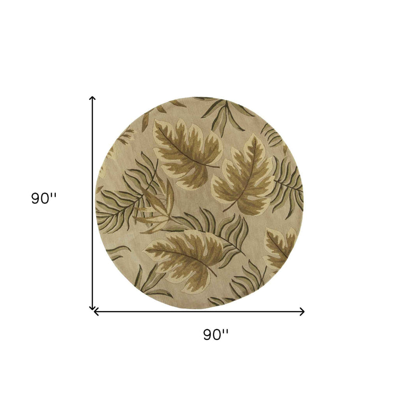 8' Sand Beige Hand Tufted Tropical Leaves Round Indoor Area Rug