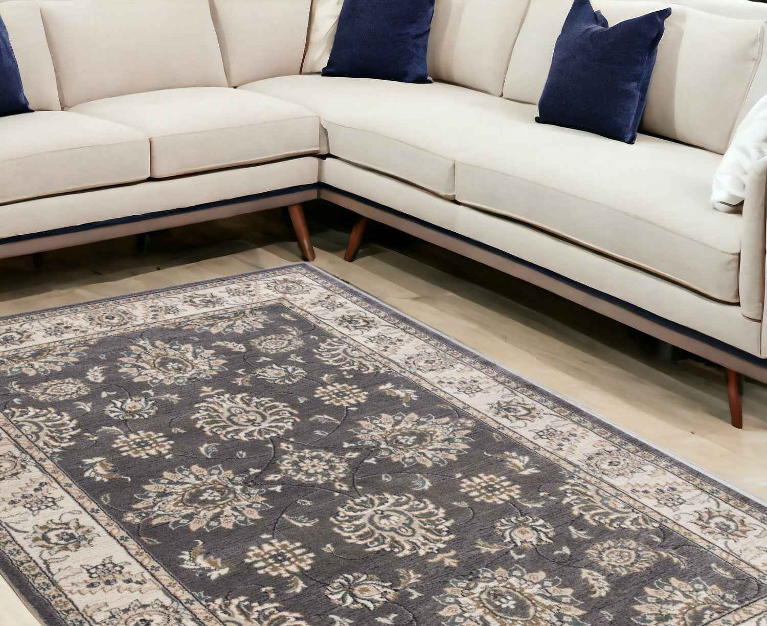 9'X12' Grey Ivory Bordered Floral Indoor Area Rug