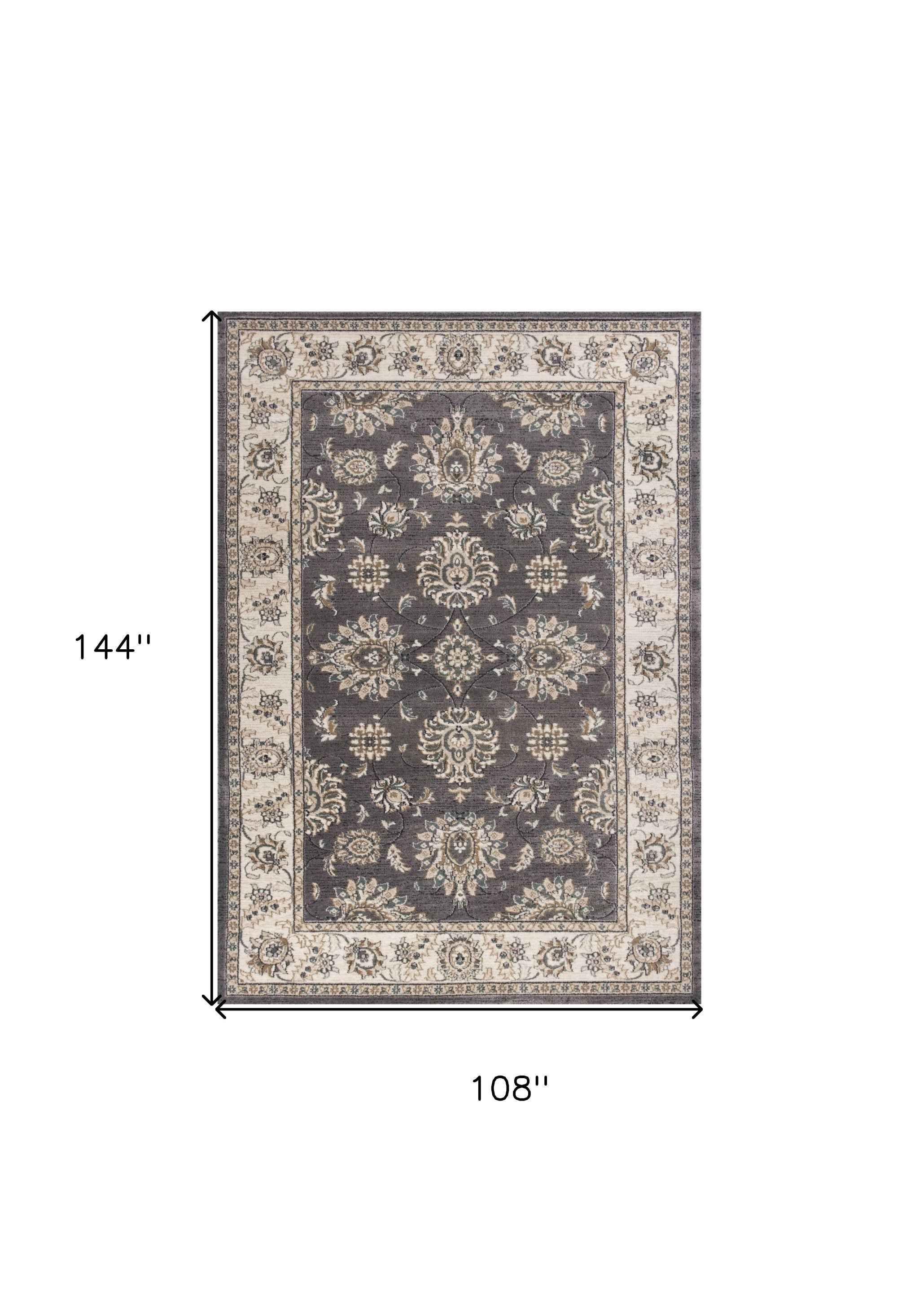 9'X12' Grey Ivory Bordered Floral Indoor Area Rug