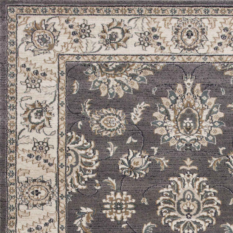 9'X12' Grey Ivory Bordered Floral Indoor Area Rug