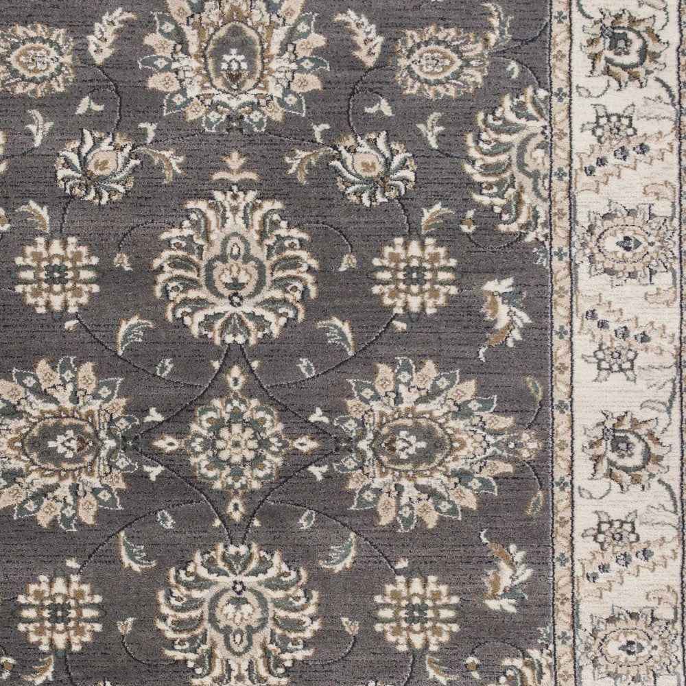 9'X12' Grey Ivory Bordered Floral Indoor Area Rug