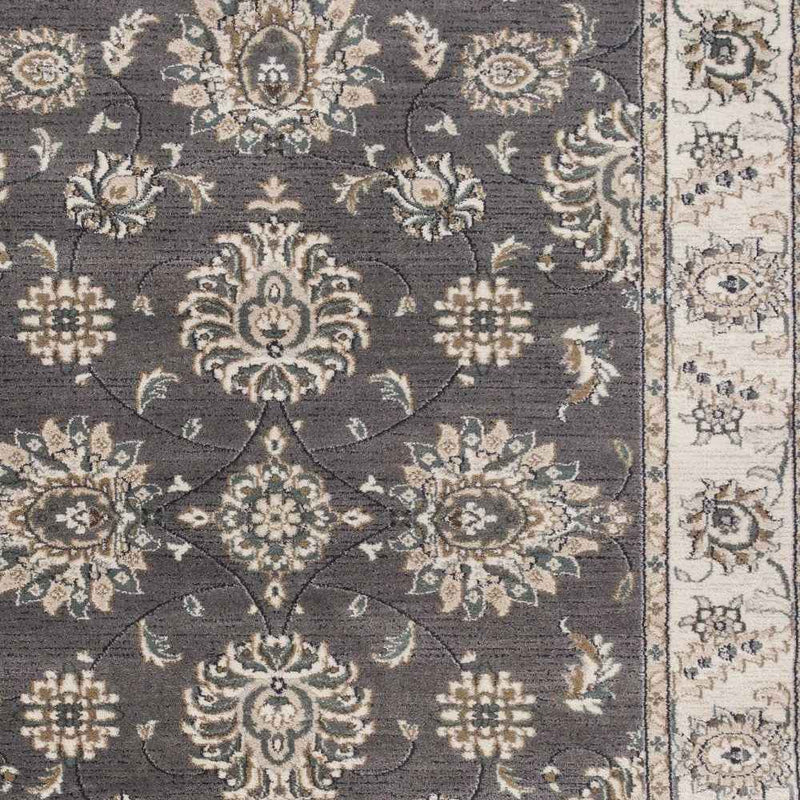 9'X12' Grey Ivory Bordered Floral Indoor Area Rug