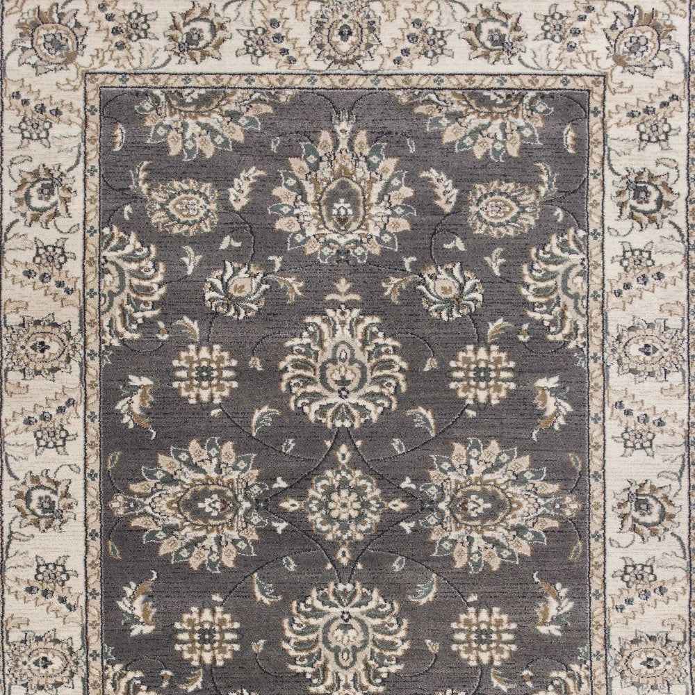 9'X12' Grey Ivory Bordered Floral Indoor Area Rug