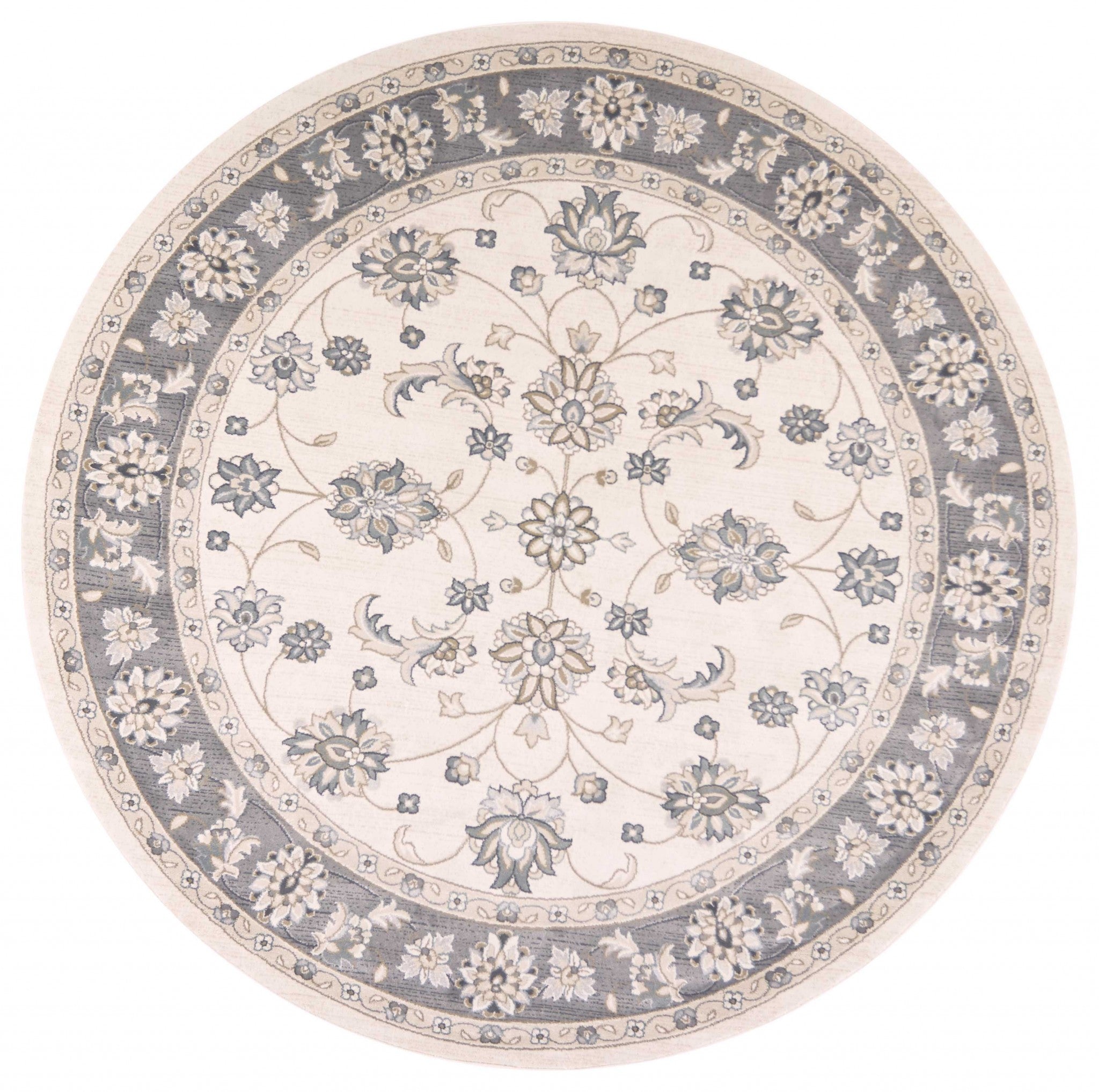 8' Ivory Grey Floral Round Indoor Area Rug Default Title
