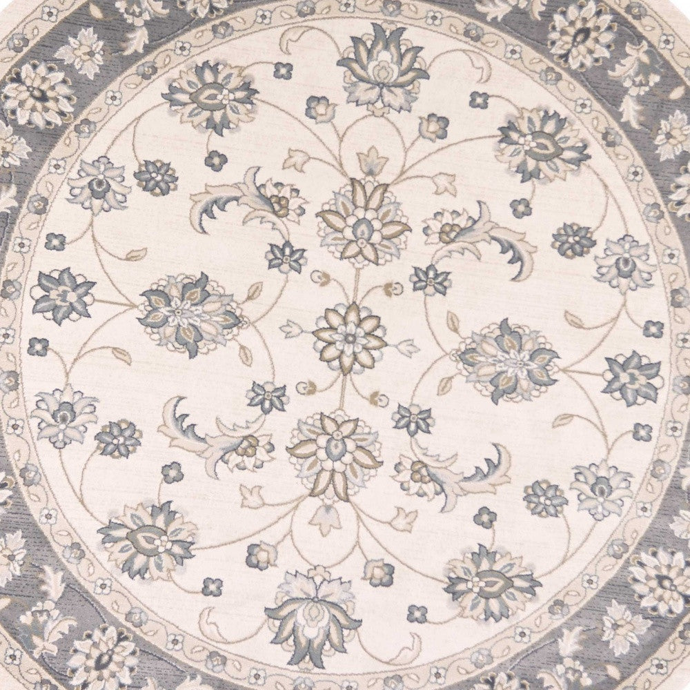 8' Ivory Grey Floral Round Indoor Area Rug