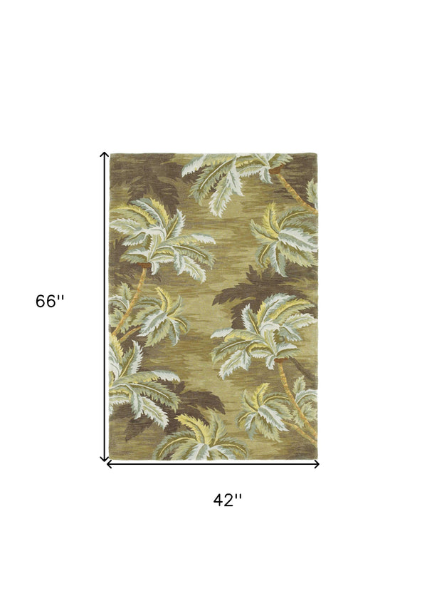 4' X 6' Moss Green And Yellow Wool Tropical Botanical Hand Tufted Area Rug - Home Decor