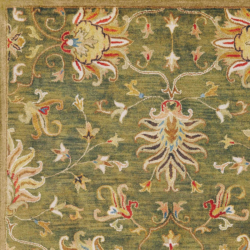 5' Green Red And Ivory New Zealand Lambs Wool Floral Medallion Hand Tufted Round Rug - GreatEagleInc