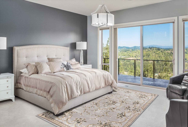 9'X12' Light Grey Bordered Floral Indoor Area Rug