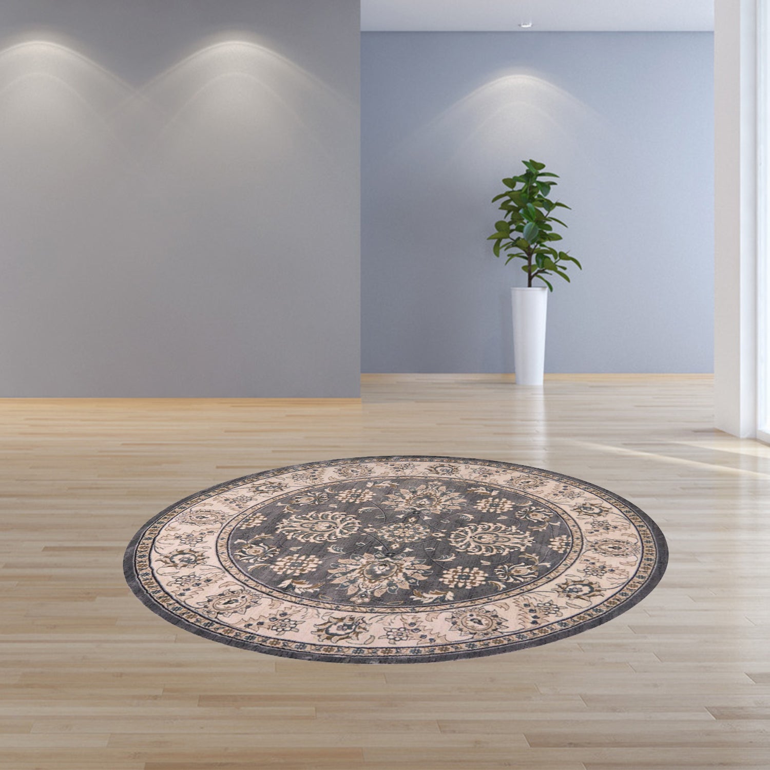 8' Gray And Ivory Round Floral Area Rug Default Title