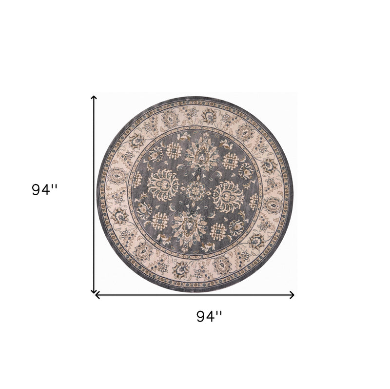 8' Gray And Ivory Round Floral Area Rug