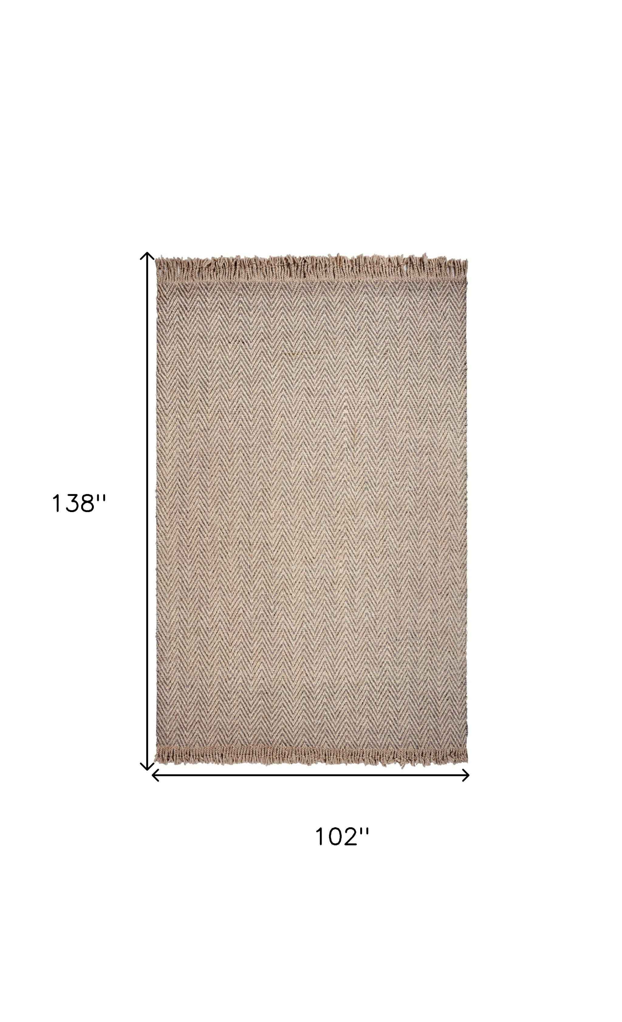 9'X12' Oatmeal Beige Hand Woven Herringbone With Braided Fringe Indoor Area Rug