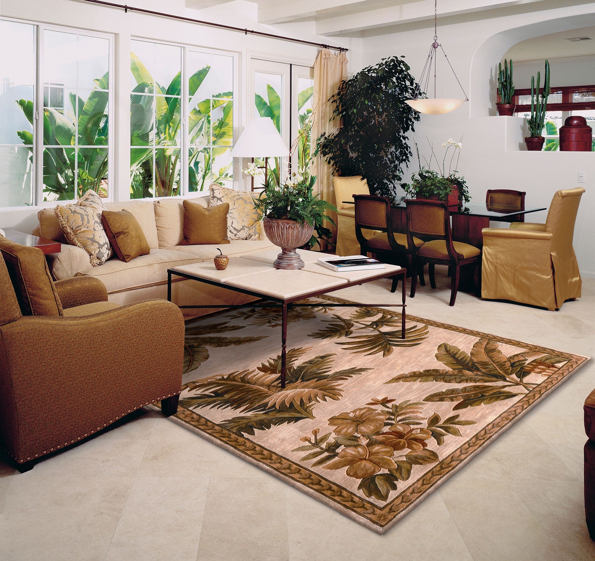 8' X 11' Wool Ivory With Laurel Border Palm Tree Area Rug