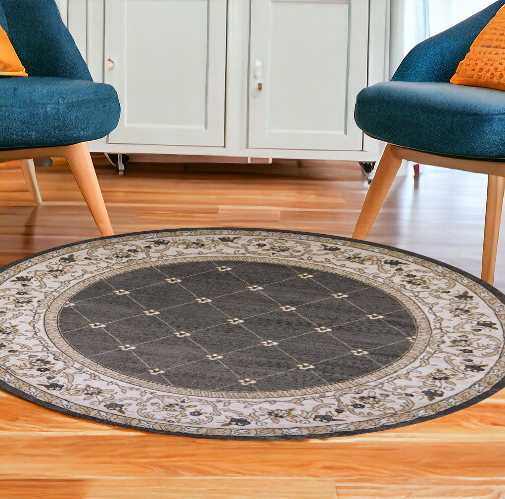8' Round Polypropylene Grey Or Ivory Area Rug