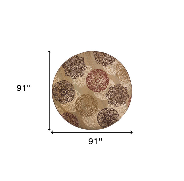 8' Sage Brown And Ivory Floral Medallion Round Rug - Home Decor