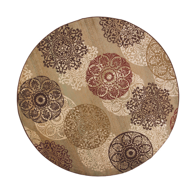 8' Sage Brown And Ivory Floral Medallion Round Rug - Home Decor